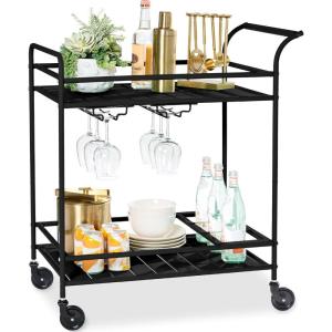 imageBest Choice Products Rolling Bar Cart Mobile Home Bar Serving Cart Serving Station w 2 Tier Shelves Wine Rack Lockable Wheels  PeacockBlack