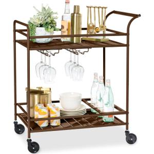 imageBest Choice Products Rolling Bar Cart Mobile Home Bar Serving Cart Serving Station w 2 Tier Shelves Wine Rack Lockable Wheels  PeacockBrown