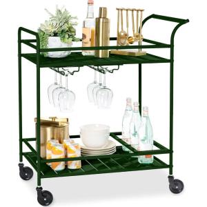 imageBest Choice Products Rolling Bar Cart Mobile Home Bar Serving Cart Serving Station w 2 Tier Shelves Wine Rack Lockable Wheels  PeacockDeep Green