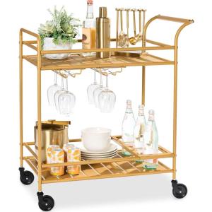 imageBest Choice Products Rolling Bar Cart Mobile Home Bar Serving Cart Serving Station w 2 Tier Shelves Wine Rack Lockable Wheels  PeacockGold