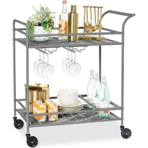 imageBest Choice Products Rolling Bar Cart Mobile Home Bar Serving Cart Serving Station w 2 Tier Shelves Wine Rack Lockable Wheels  PeacockGray