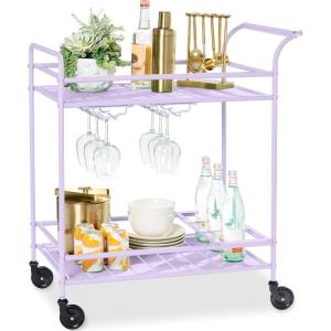 imageBest Choice Products Rolling Bar Cart Mobile Home Bar Serving Cart Serving Station w 2 Tier Shelves Wine Rack Lockable Wheels  PeacockLavender