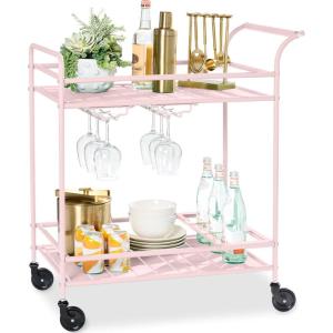 imageBest Choice Products Rolling Bar Cart Mobile Home Bar Serving Cart Serving Station w 2 Tier Shelves Wine Rack Lockable Wheels  PeacockPink
