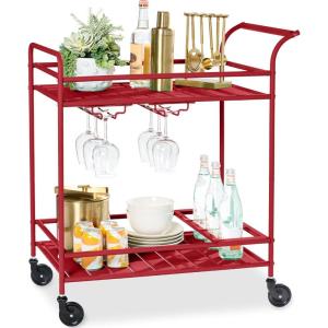 imageBest Choice Products Rolling Bar Cart Mobile Home Bar Serving Cart Serving Station w 2 Tier Shelves Wine Rack Lockable Wheels  PeacockRed