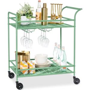 imageBest Choice Products Rolling Bar Cart Mobile Home Bar Serving Cart Serving Station w 2 Tier Shelves Wine Rack Lockable Wheels  PeacockSage