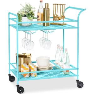 imageBest Choice Products Rolling Bar Cart Mobile Home Bar Serving Cart Serving Station w 2 Tier Shelves Wine Rack Lockable Wheels  PeacockTeal