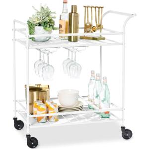 imageBest Choice Products Rolling Bar Cart Mobile Home Bar Serving Cart Serving Station w 2 Tier Shelves Wine Rack Lockable Wheels  PeacockWhite