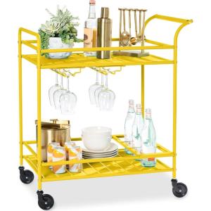 imageBest Choice Products Rolling Bar Cart Mobile Home Bar Serving Cart Serving Station w 2 Tier Shelves Wine Rack Lockable Wheels  PeacockYellow