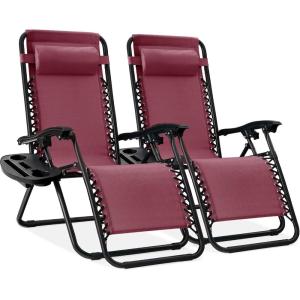 imageBest Choice Products Set of 2 Adjustable Steel Mesh Zero Gravity Lounge Chair Recliners wPillows and Cup Holder Trays  StardewBurgundy