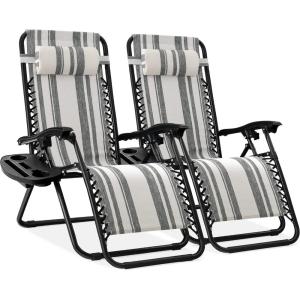 imageBest Choice Products Set of 2 Adjustable Steel Mesh Zero Gravity Lounge Chair Recliners wPillows and Cup Holder Trays  StardewGray Stripes