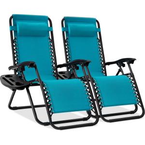 imageBest Choice Products Set of 2 Adjustable Steel Mesh Zero Gravity Lounge Chair Recliners wPillows and Cup Holder Trays  StardewPeacock Blue