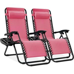 imageBest Choice Products Set of 2 Adjustable Steel Mesh Zero Gravity Lounge Chair Recliners wPillows and Cup Holder Trays  StardewPink