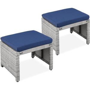 imageBest Choice Products Set of 2 Wicker Ottomans Multipurpose Outdoor Furniture for Patio Backyard Additional Seating Footrest Side Table wRemovable Cushions Steel Frame  GrayCreamGrayNavy