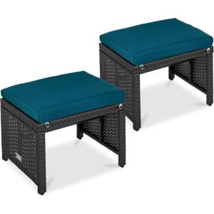 imageBest Choice Products Set of 2 Wicker Ottomans Multipurpose Outdoor Furniture for Patio Backyard Additional Seating Footrest Side Table wRemovable Cushions Steel Frame  GrayCreamPeacock BlueBlack