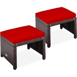 imageBest Choice Products Set of 2 Wicker Ottomans Multipurpose Outdoor Furniture for Patio Backyard Additional Seating Footrest Side Table wRemovable Cushions Steel Frame  GrayCreamBrownRed