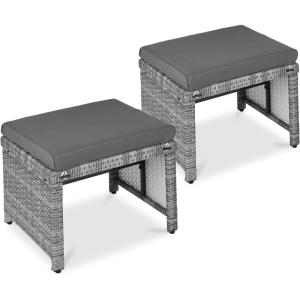 imageBest Choice Products Set of 2 Wicker Ottomans Multipurpose Outdoor Furniture for Patio Backyard Additional Seating Footrest Side Table wRemovable Cushions Steel Frame  GrayCreamGrayGray
