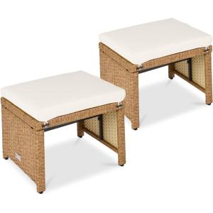 imageBest Choice Products Set of 2 Wicker Ottomans Multipurpose Outdoor Furniture for Patio Backyard Additional Seating Footrest Side Table wRemovable Cushions Steel Frame  GrayCreamIvoryNatural