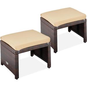 imageBest Choice Products Set of 2 Wicker Ottomans Multipurpose Outdoor Furniture for Patio Backyard Additional Seating Footrest Side Table wRemovable Cushions Steel Frame  GrayCreamBrownTan