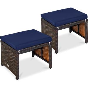 imageBest Choice Products Set of 2 Wicker Ottomans Multipurpose Outdoor Furniture for Patio Backyard Additional Seating Footrest Side Table wRemovable Cushions Steel Frame  GrayCreamNavyBrown