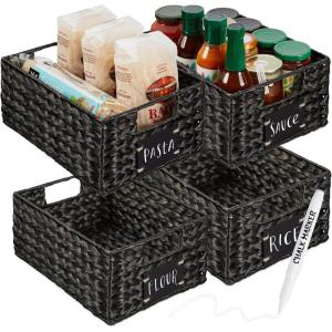 imageBest Choice Products Set of 4 9x12in Water Hyacinth Pantry Baskets Woven Organizers wChalkboard Label Chalk Marker  NaturalBlack