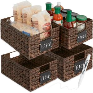imageBest Choice Products Set of 4 9x12in Water Hyacinth Pantry Baskets Woven Organizers wChalkboard Label Chalk Marker  NaturalBrown