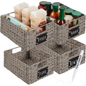 imageBest Choice Products Set of 4 9x12in Water Hyacinth Pantry Baskets Woven Organizers wChalkboard Label Chalk Marker  NaturalGray