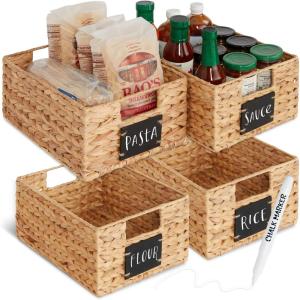 imageBest Choice Products Set of 4 9x12in Water Hyacinth Pantry Baskets Woven Organizers wChalkboard Label Chalk Marker  NaturalNatural
