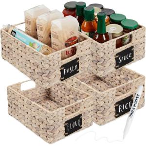 imageBest Choice Products Set of 4 9x12in Water Hyacinth Pantry Baskets Woven Organizers wChalkboard Label Chalk Marker  NaturalWhite