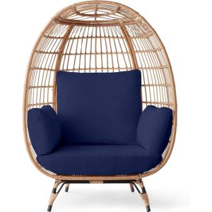 imageBest Choice Products Wicker Egg Chair Oversized Indoor Outdoor Lounger for Patio Backyard Living Room w 4 Cushions Steel Frame 440lb Capacity  IvoryNavy
