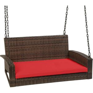 imageBest Choice Products Woven Wicker Outdoor Porch Swing Hanging Patio Bench for Deck Garden wMounting Chains Seat Cushion  BrownRedBrownRed