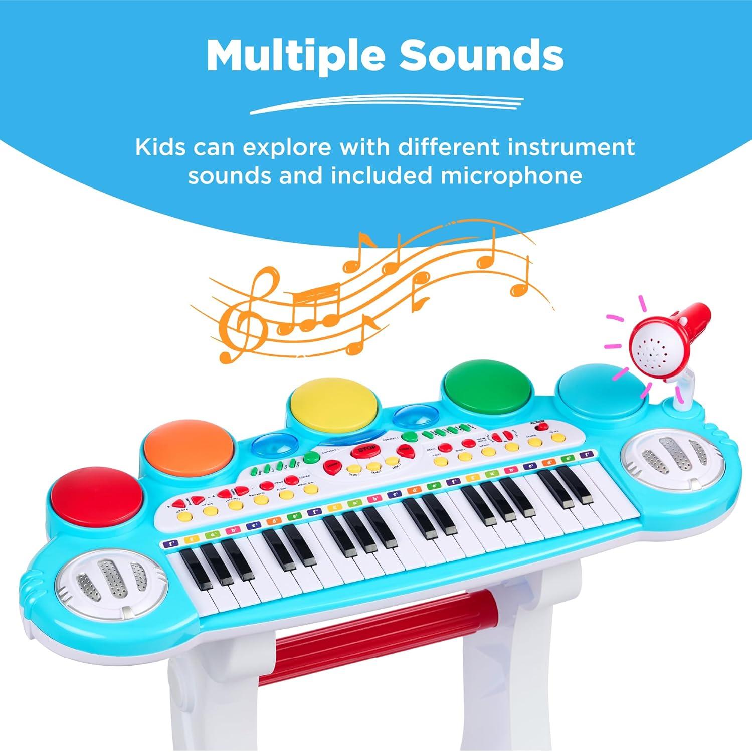 imageBest Choice Products 37Key Kids Electronic Musical Instrument Piano Learning Toy Keyboard wMultiple Sounds Lights Microphone Stool  BlueMulticolor