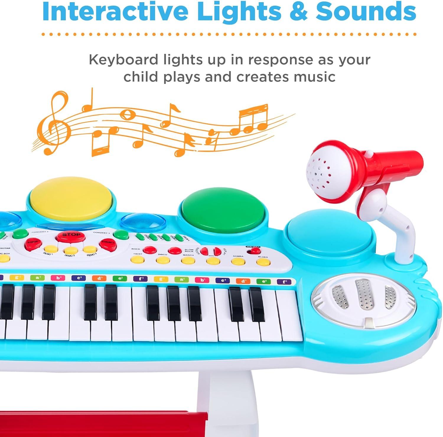 imageBest Choice Products 37Key Kids Electronic Musical Instrument Piano Learning Toy Keyboard wMultiple Sounds Lights Microphone Stool  BlueMulticolor