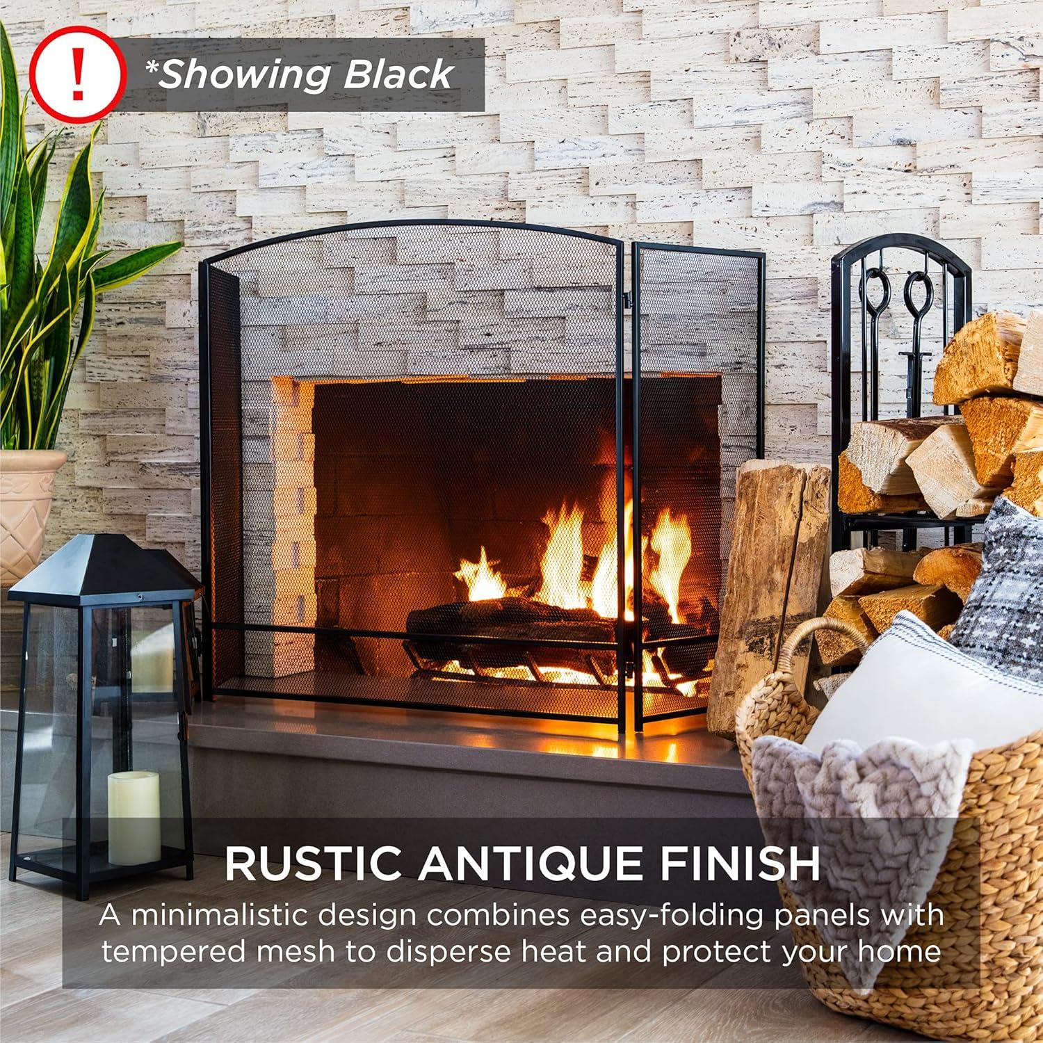 imageBest Choice Products 475x2725in 3Panel Simple Steel Mesh Fireplace Screen Fire Spark Guard Grate for Living Room Home Decor wRustic Worn Finish  BlackAntique Gold