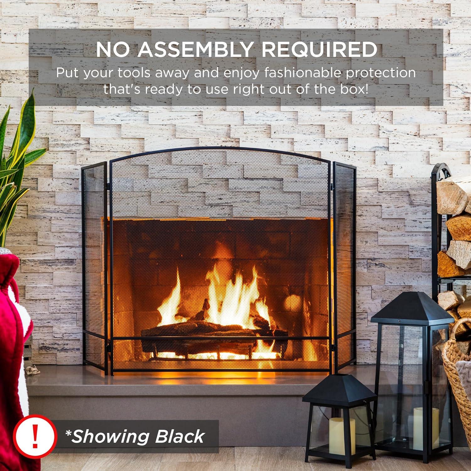 imageBest Choice Products 475x2725in 3Panel Simple Steel Mesh Fireplace Screen Fire Spark Guard Grate for Living Room Home Decor wRustic Worn Finish  BlackAntique Gold