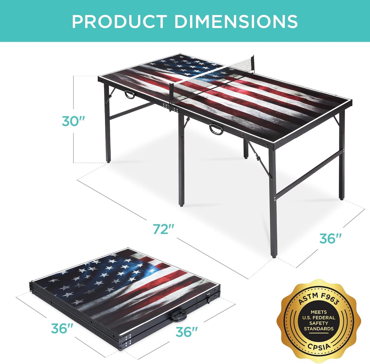 imageBest Choice Products 6x3ft Portable Ping Pong Table MidSize Folding Indoor Outdoor Table Tennis w 2 Paddles 4 Balls Included Carrying BagAmerican Flag