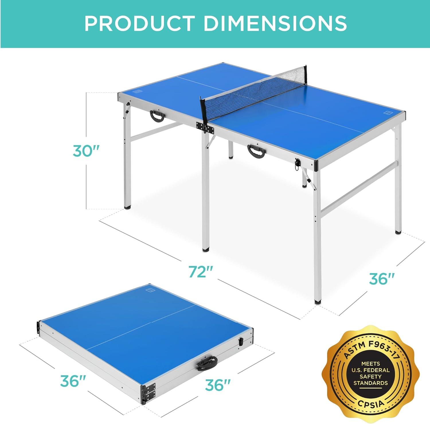 imageBest Choice Products 6x3ft Portable Ping Pong Table MidSize Folding Indoor Outdoor Table Tennis w 2 Paddles 4 Balls Included Carrying BagBlue