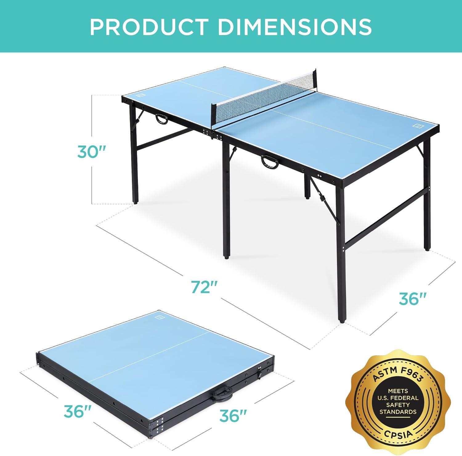 imageBest Choice Products 6x3ft Portable Ping Pong Table MidSize Folding Indoor Outdoor Table Tennis w 2 Paddles 4 Balls Included Carrying BagLight Blue