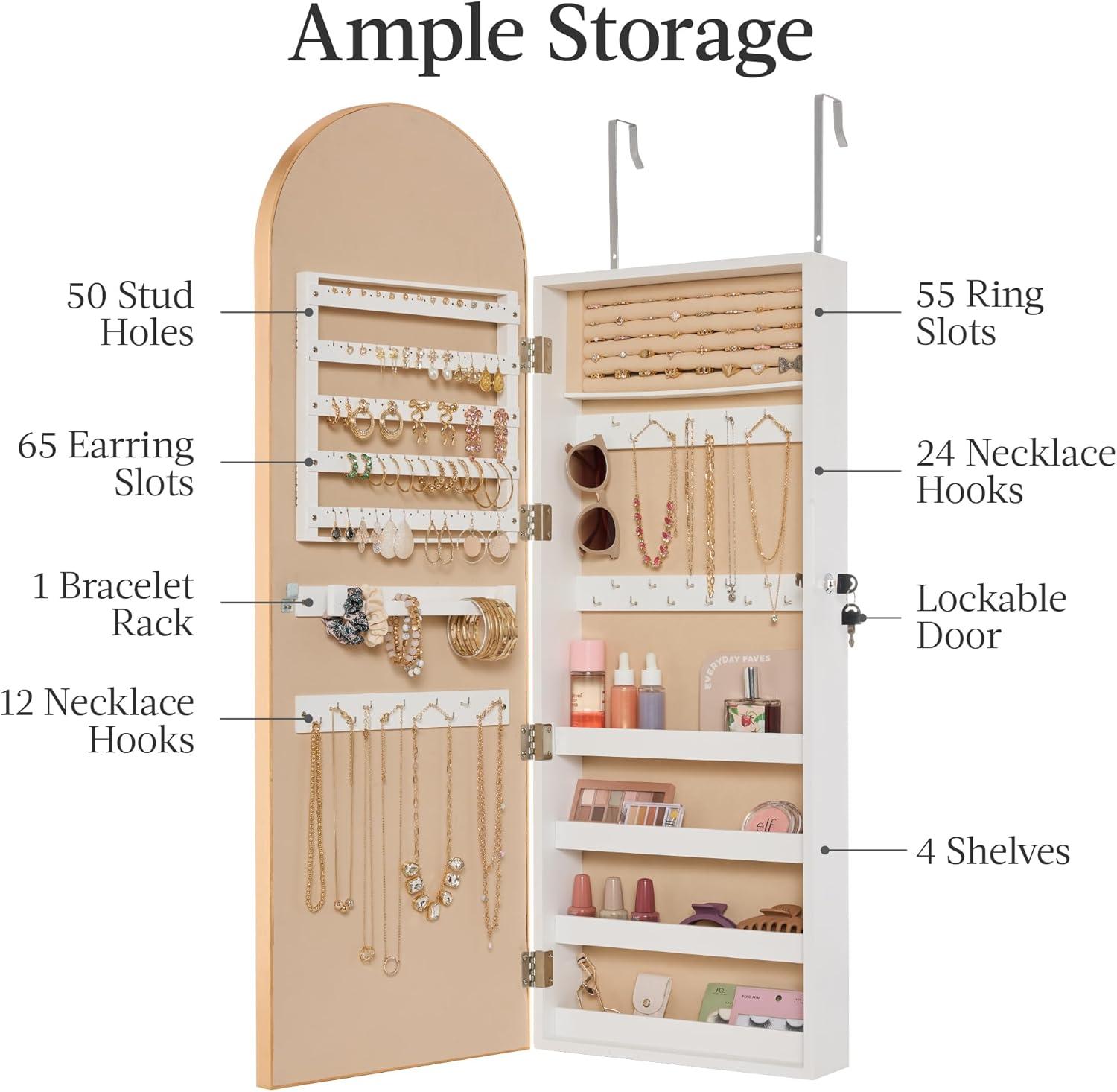 imageBest Choice Products Arch Mirror Jewelry Cabinet Jewelry Storage Organizer Armoire Lockable Wall or Door Mountable FullLength Mirror  SilverGold