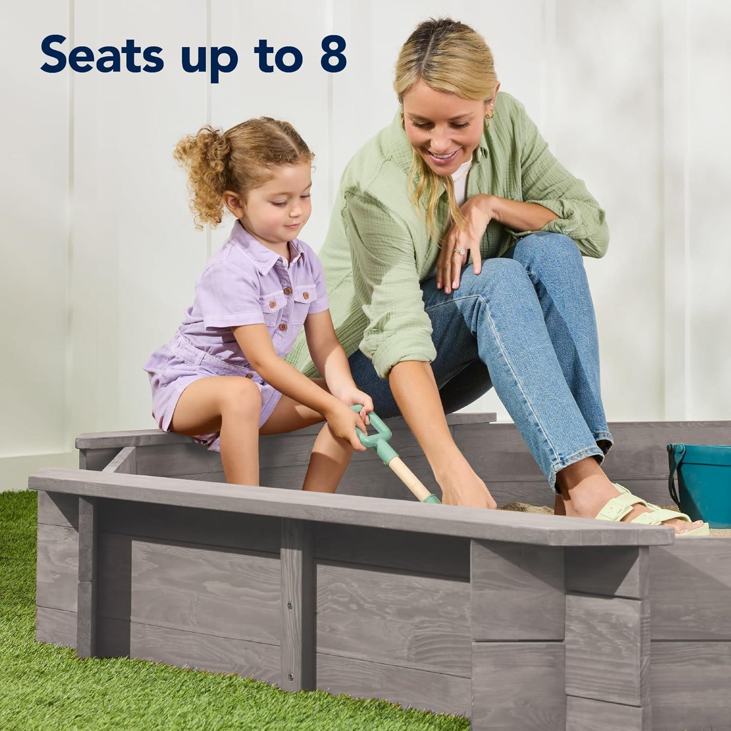 imageBest Choice Products Kids Large Octagonal Wooden Outdoor Sandbox with Cover w 4 Reinforced Benches 8 Seats XL Sandpit Bottom Liner  BrownGray