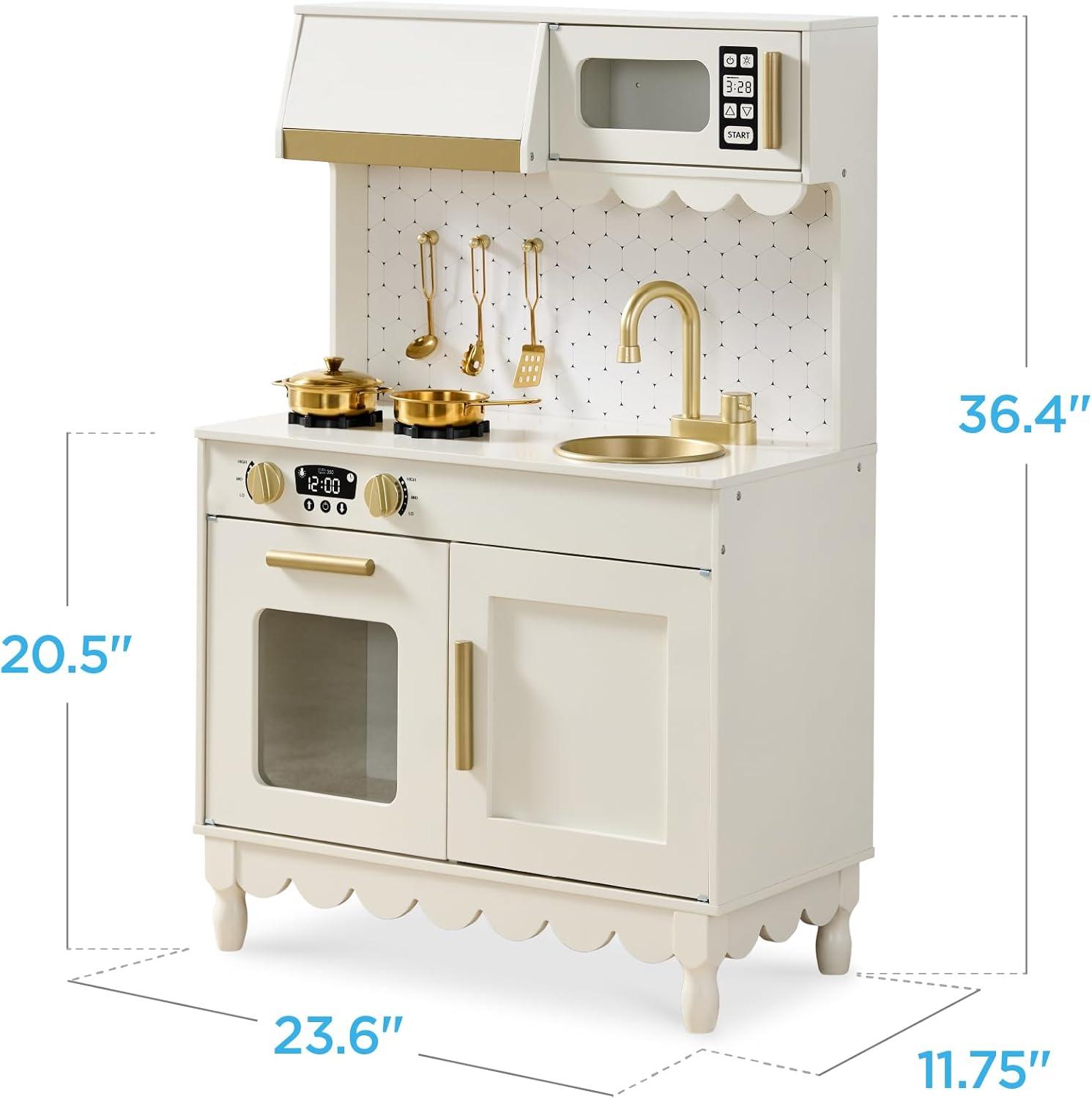imageBest Choice Products Wooden Pretend Play Cottage Kitchen Kids Toy wStorage Scalloped Edge 5 Accessories Microwave Oven Clicking Knobs  SageCream