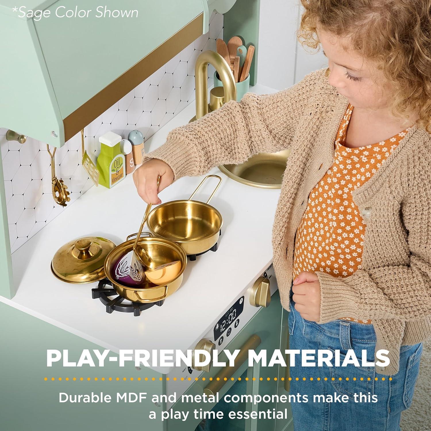 imageBest Choice Products Wooden Pretend Play Cottage Kitchen Kids Toy wStorage Scalloped Edge 5 Accessories Microwave Oven Clicking Knobs  SageCream