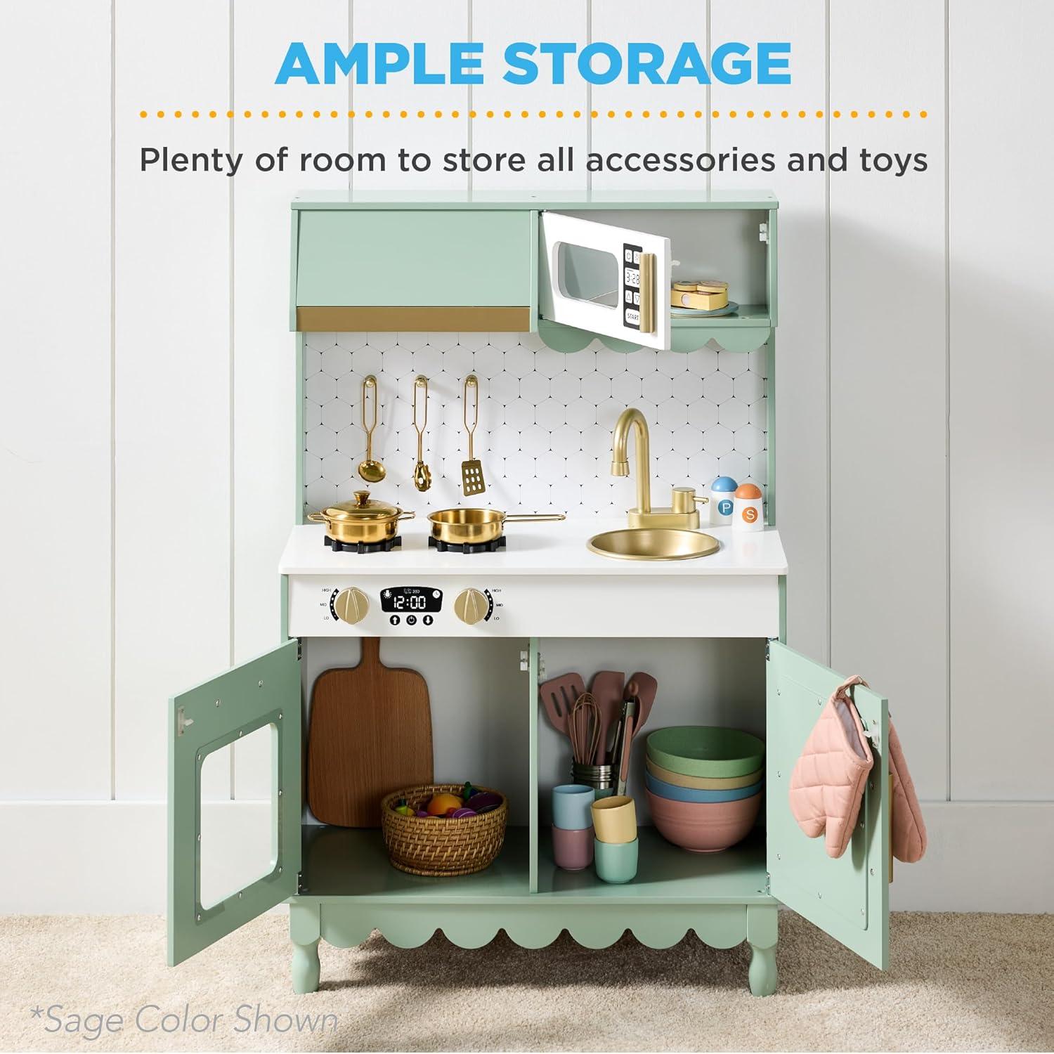 imageBest Choice Products Wooden Pretend Play Cottage Kitchen Kids Toy wStorage Scalloped Edge 5 Accessories Microwave Oven Clicking Knobs  SageCream