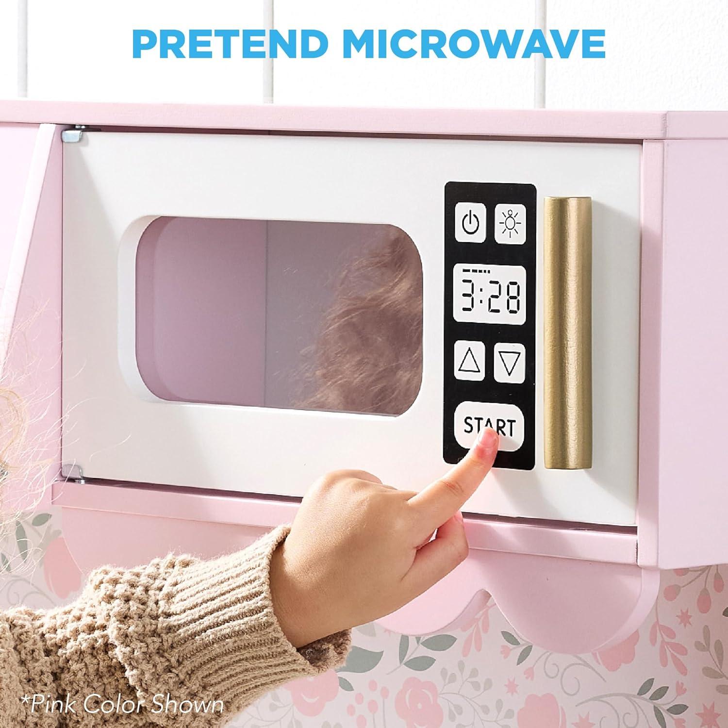 imageBest Choice Products Wooden Pretend Play Cottage Kitchen Kids Toy wStorage Scalloped Edge 5 Accessories Microwave Oven Clicking Knobs  SageCream