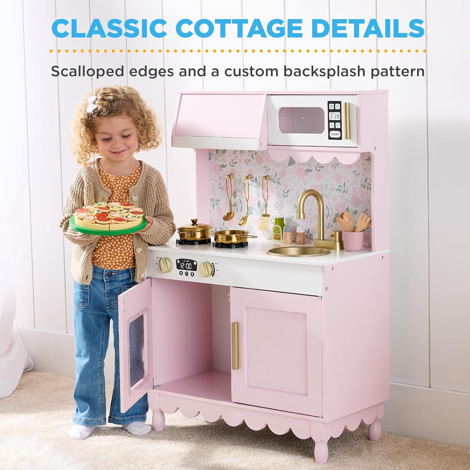 imageBest Choice Products Wooden Pretend Play Cottage Kitchen Kids Toy wStorage Scalloped Edge 5 Accessories Microwave Oven Clicking Knobs  SagePink