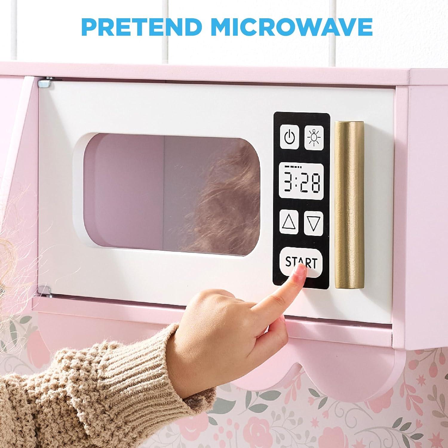 imageBest Choice Products Wooden Pretend Play Cottage Kitchen Kids Toy wStorage Scalloped Edge 5 Accessories Microwave Oven Clicking Knobs  SagePink
