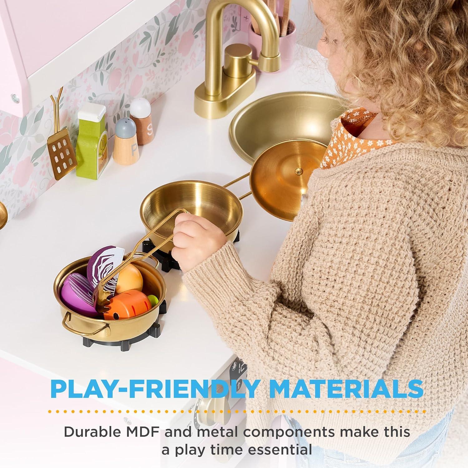 imageBest Choice Products Wooden Pretend Play Cottage Kitchen Kids Toy wStorage Scalloped Edge 5 Accessories Microwave Oven Clicking Knobs  SagePink