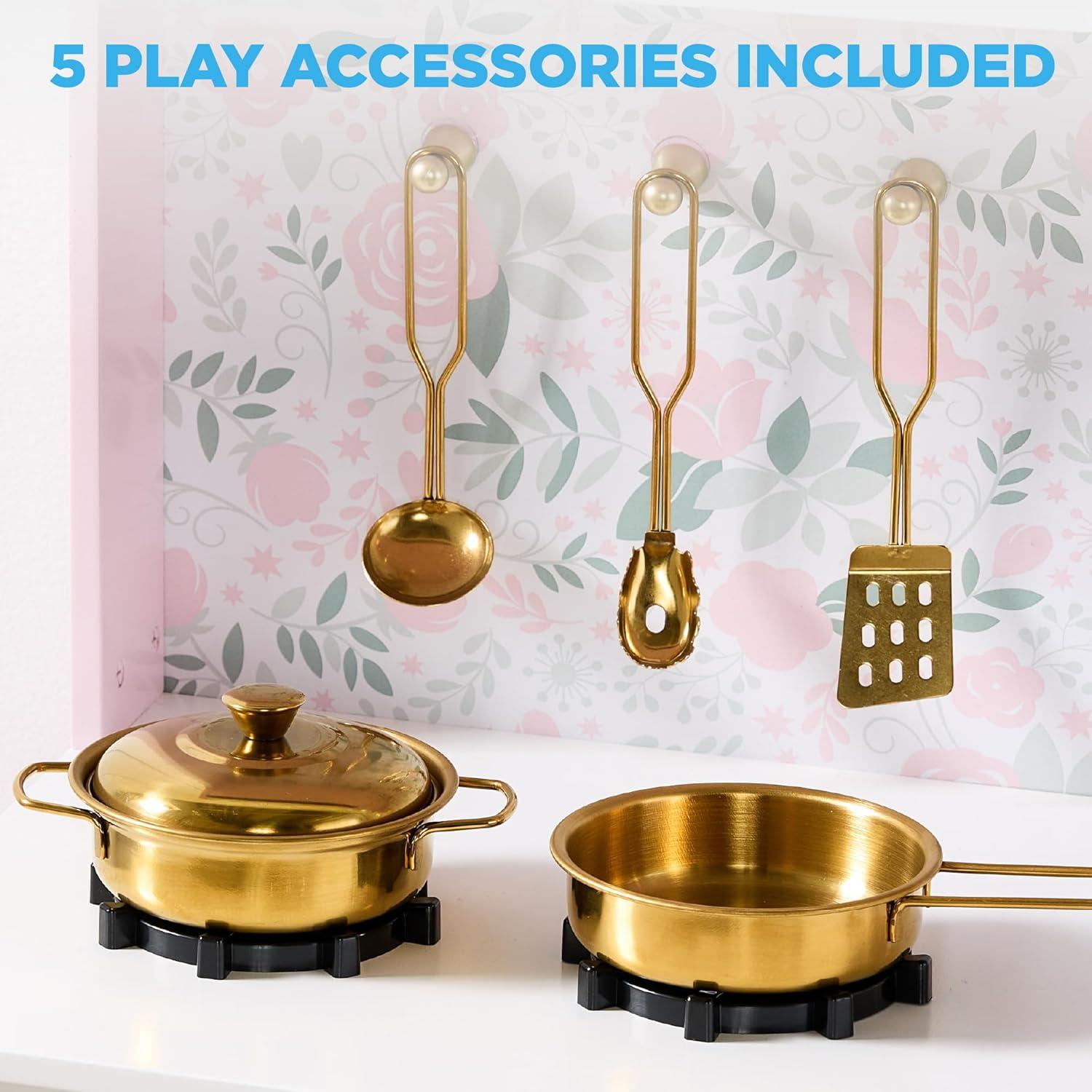 imageBest Choice Products Wooden Pretend Play Cottage Kitchen Kids Toy wStorage Scalloped Edge 5 Accessories Microwave Oven Clicking Knobs  SagePink