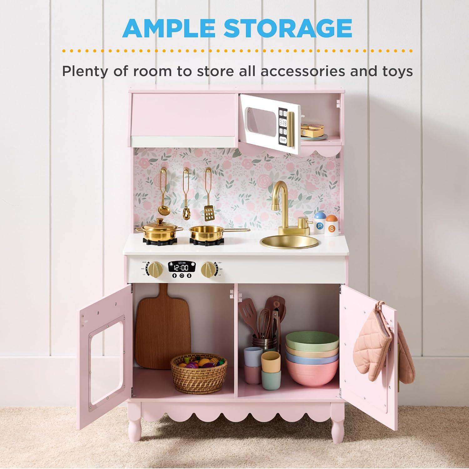 imageBest Choice Products Wooden Pretend Play Cottage Kitchen Kids Toy wStorage Scalloped Edge 5 Accessories Microwave Oven Clicking Knobs  SagePink