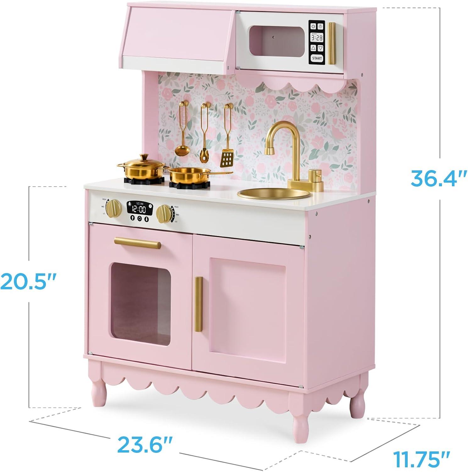 imageBest Choice Products Wooden Pretend Play Cottage Kitchen Kids Toy wStorage Scalloped Edge 5 Accessories Microwave Oven Clicking Knobs  SagePink