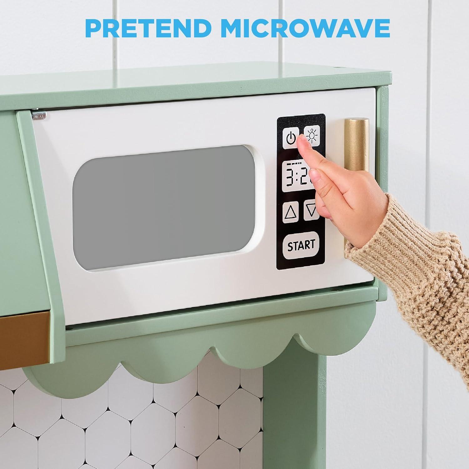 imageBest Choice Products Wooden Pretend Play Cottage Kitchen Kids Toy wStorage Scalloped Edge 5 Accessories Microwave Oven Clicking Knobs  SageSage